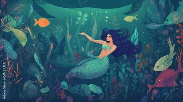 Fototapeta Whimsical underwater world inhabited by mermaids and sea creatures