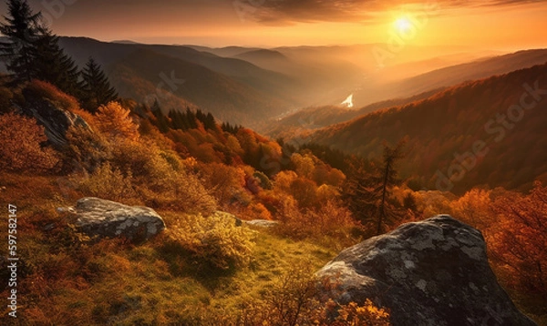 Fototapeta Wallpaper - mountain sunrise landscape / (design by AI & A86)