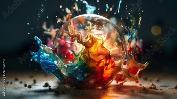 Fototapeta Exploding Colorful Bulb on Shiny Backdrop: Award-Winning Photography with Sony A9 and 35mm Lens Featuring Studio & Volumetric Lighting Effects, Generative AI