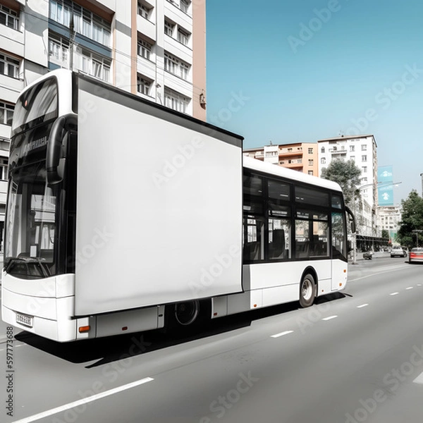 Fototapeta Blank billboard on bus for your advertising in the city created with Generative AI technology.