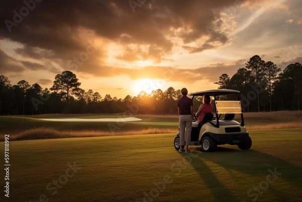 Fototapeta golf cart at sunset