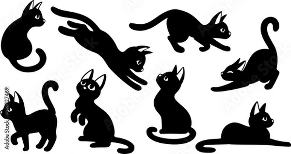 Obraz Black cats silhouettes set for halloween and other. Cat shapes isolated on white background.