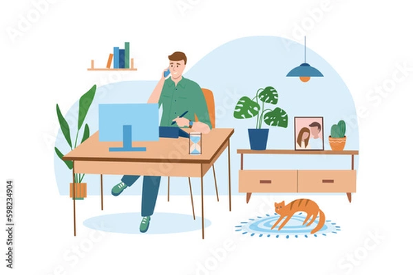 Fototapeta Workplace blue concept with people scene in the flat cartoon design. Man solves important business issues at home. Vector illustration.