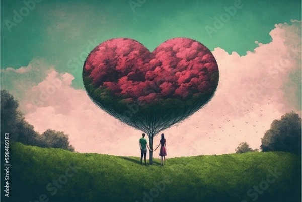 Fototapeta Valentine's Day drawing of couple by heart-shaped tree. Fantasy concept , Illustration painting. Generative AI