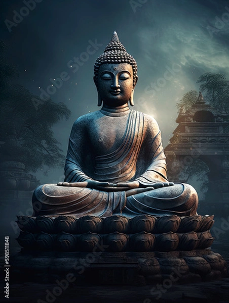 Fototapeta Buddhist statue background and text space, generative ai