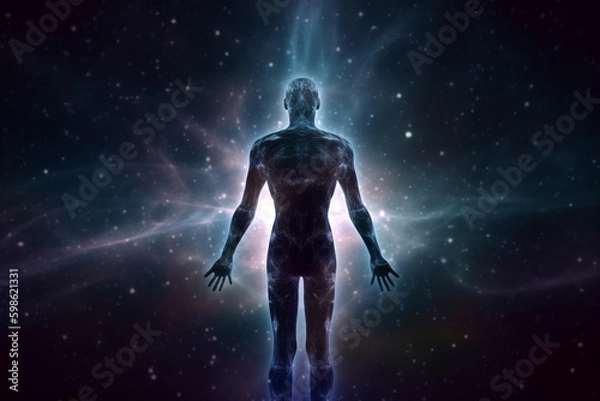 Fototapeta State of mind, meditation, esoteric and spiritual life. Man dark silhouette in space background. Afterlife and connection with other worlds. Generative AI