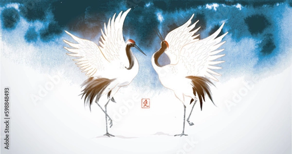 Obraz Two dancing japanese red-crowned cranes on blue ink wash painting background. Traditional oriental ink painting sumi-e, u-sin, go-hua. Translation of hieroglyph - love