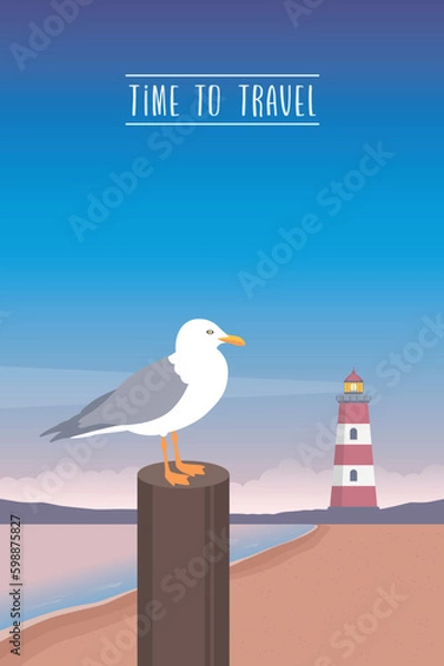 Fototapeta travel marine design lighthouse and sea gull by the ocean