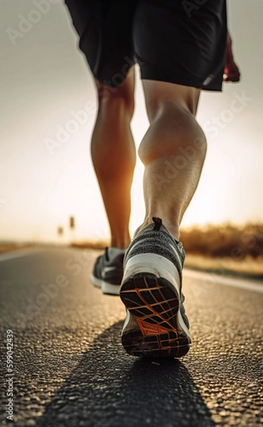 Fototapeta Close up on shoe sprint powerful. Man runner athlete running on the road. Generative AI