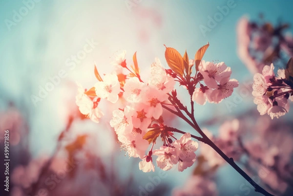 Fototapeta Cherry Blossom Spring Blue Sky Background. AI generative