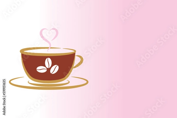 Fototapeta Hot cup with heart shaped hot steam and coffee beans. International coffee day image for coffee shop signboard, poster, banner or invitation card with blank space to add text.