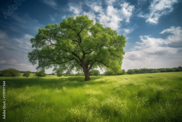 Obraz Oak Tree in Meadow. Calming landscape of a meadow with an oak tree in the middle.Ai generated