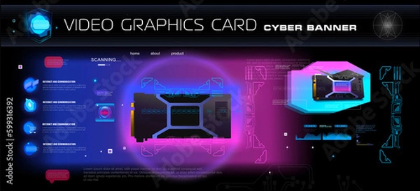 Fototapeta Video card for computer. Technology cyber banner. Powerful digital system with development of computer chips and electronic boards. Realistic video card with neon illumination