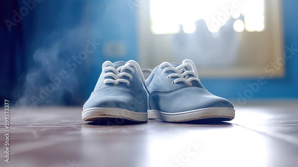 Fototapeta blue shoes with smoke on blue background. Generative Ai