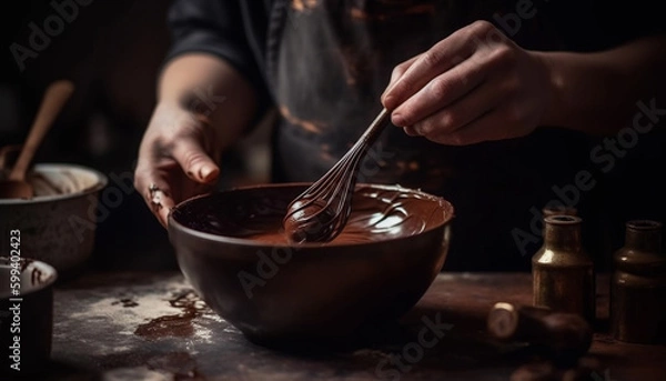 Fototapeta Handmade chocolate dessert preparation on rustic table generated by AI