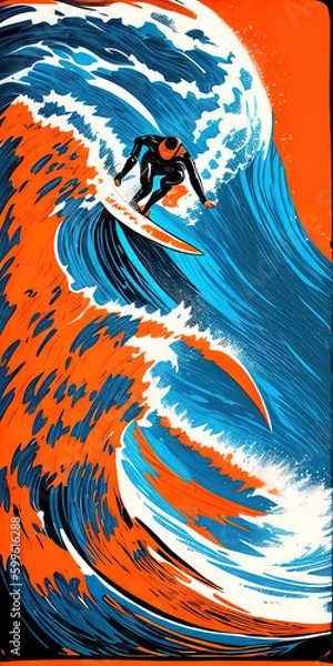 Fototapeta Lino cut drawing of a surfer riding big ocean waves digital art illustration 