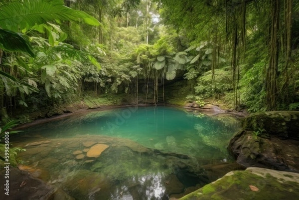 Fototapeta majestic waterfall cascading into crystal-clear pool, with view of the surrounding forest, created with generative ai