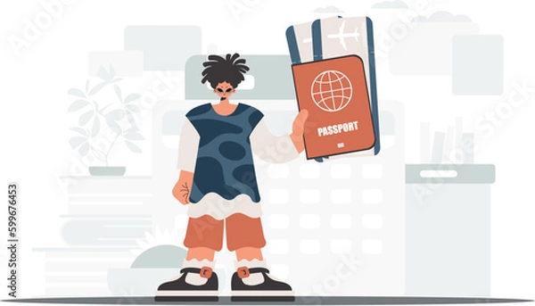 Fototapeta ﻿The person holds a around the world id and exchange around tickets in his hands. The concept of rest and travel. Trendy style, Vector Illustration