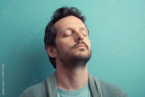 Fototapeta Portrait of a young man with closed eyes on a blue background