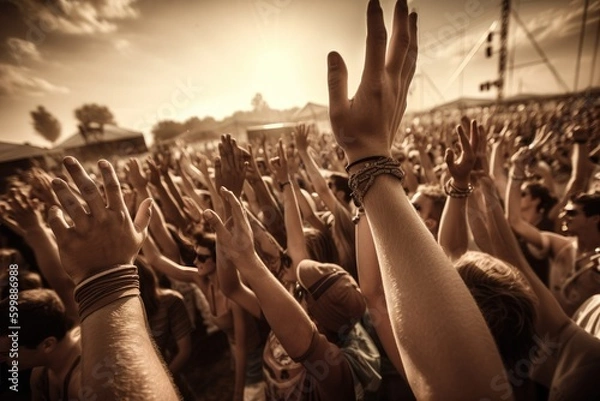 Fototapeta People Putting Their Hands Up at a Concert Festival, AI generated