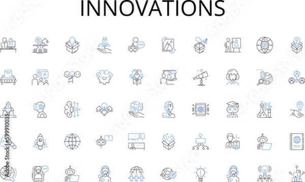 Fototapeta Innovations line icons collection. Research, Demographics, Trends, Consumer, Competition, Metrics, Strategy vector and linear illustration. Forecasting,Sales,Product outline signs set