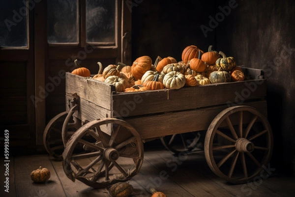 Fototapeta A wooden cart filled with pumpkins. Wood texture, background Generative AI