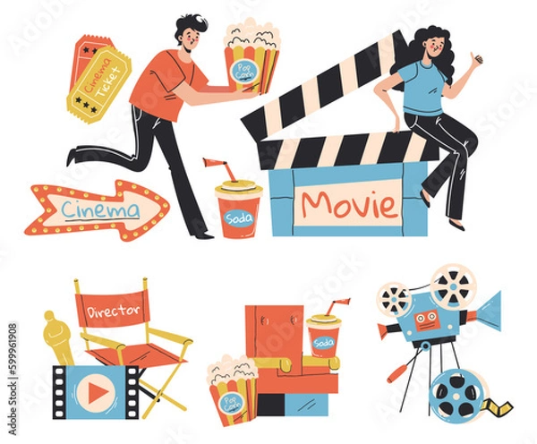 Fototapeta Cinema movie camera hollywood film production isolated set. Vector graphic design illustration