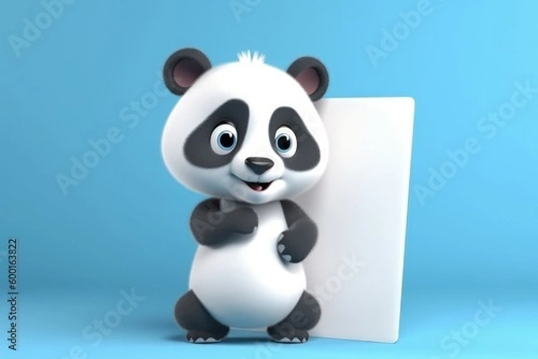 Fototapeta Panda and white paper with space to write, warning concept, blue background, digital illustration. Generative AI