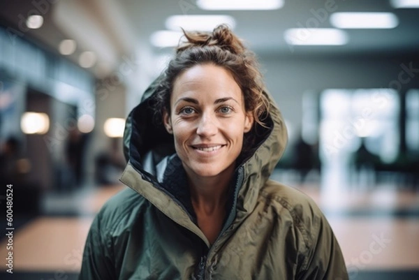 Fototapeta Portrait of smiling young woman in jacket in corridor of modern building