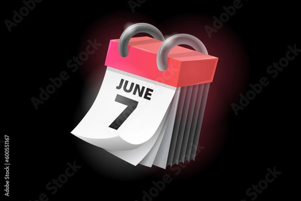 Fototapeta June 7 3d calendar icon with date isolated on black background. Can be used in isolation on any design.