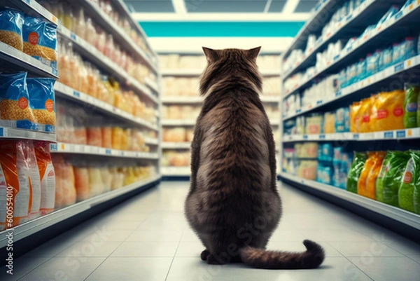 Fototapeta Cute cat in a pet store looking and choosing its own food. Generative AI