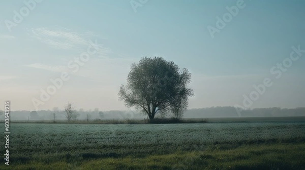 Fototapeta  a lone tree stands in a field of grass on a foggy day.  generative ai