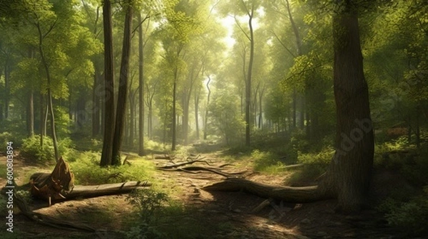 Fototapeta Forest Landscape With Path And Fallen Trees