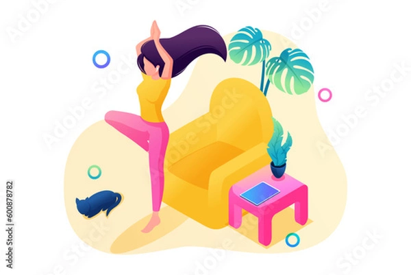 Fototapeta Isometric 3D. Girl Does Yoga at Home, In a Cozy Atmosphere With a Cat. Concept For Web Design