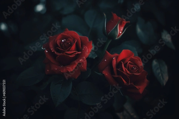 Fototapeta Red roses dark moody romantic background. Close-up flowers card backdrop. Ai generated