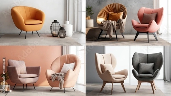 Fototapeta Collage of trendy armchairs in modern living room interiors