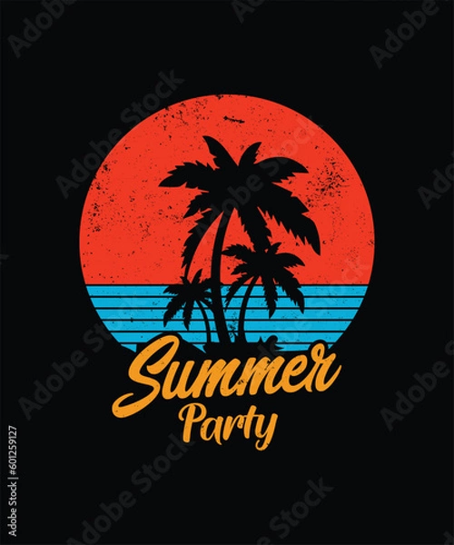 Fototapeta Summer Party Beach Vacation T-shirts, Retro Vintage Colour Palm Tree Vector Retirement Beach Theme Vector Design Template