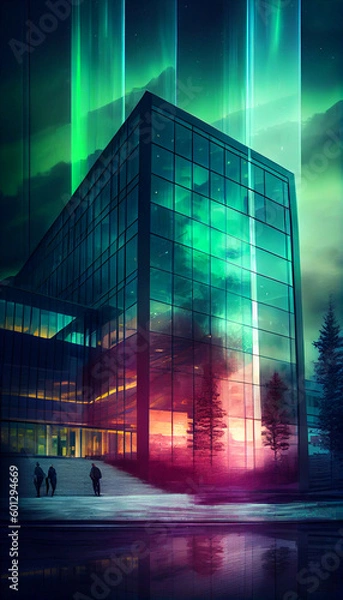 Obraz Single business skyscraper with aurora borealis on background. Generative AI