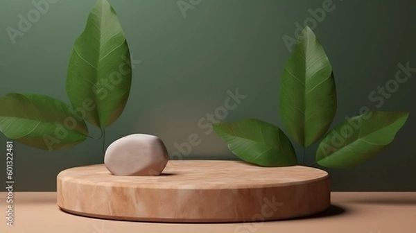 Obraz Wood podium with green leaves and natural stones, Background for cosmetic products of natural color, Generative Ai