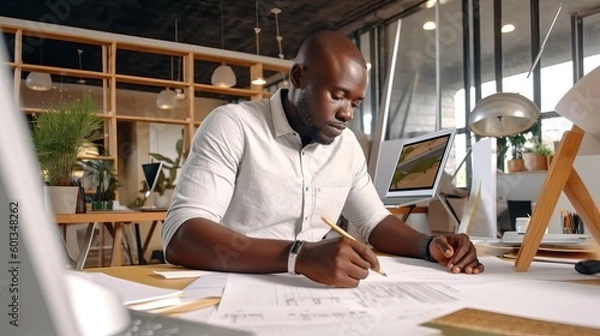 Fototapeta African Male Architect Working on Blueprints in Office. Generative AI.