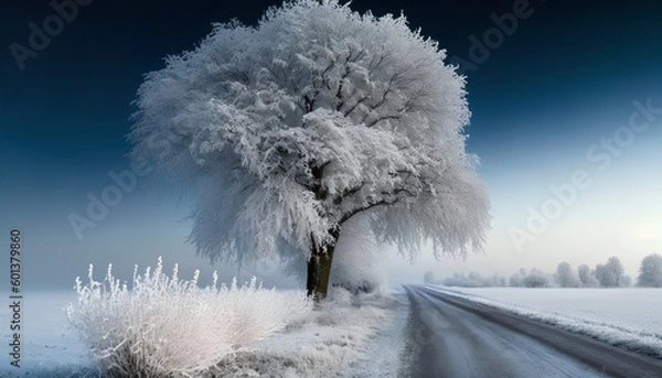 Fototapeta Road and Tree with Hoarfrost