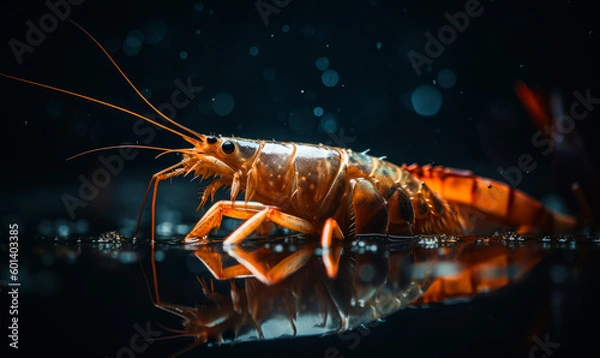 Fototapeta Crayfish alive on the black reflective surface. Close up. Black backdrop. Generative AI.