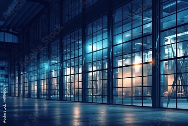 Fototapeta exterior of big modern warehouse with windows at night, AI generative