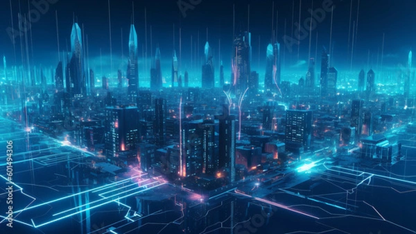 Obraz Futuristic data stream 3d illustration. Data transfer technology. Cyberpunk, Big data and cybersecurity. Cyberspace, blockchain transactions. Abstract technological background, bright neon lights