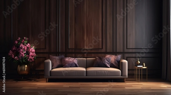 Fototapeta Domestic room indoors with wood material comfortable sofa. Generative Ai