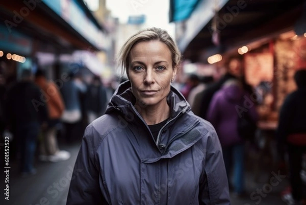 Fototapeta Full-length portrait photography of a satisfied woman in her 40s wearing a comfortable tracksuit against a bustling market or street scene background. Generative AI