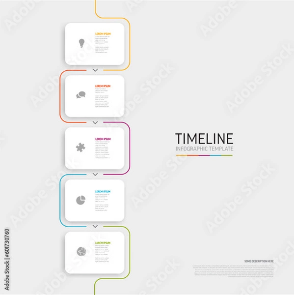 Fototapeta Light five vertical steps template with white cards colorful tabs icons and description