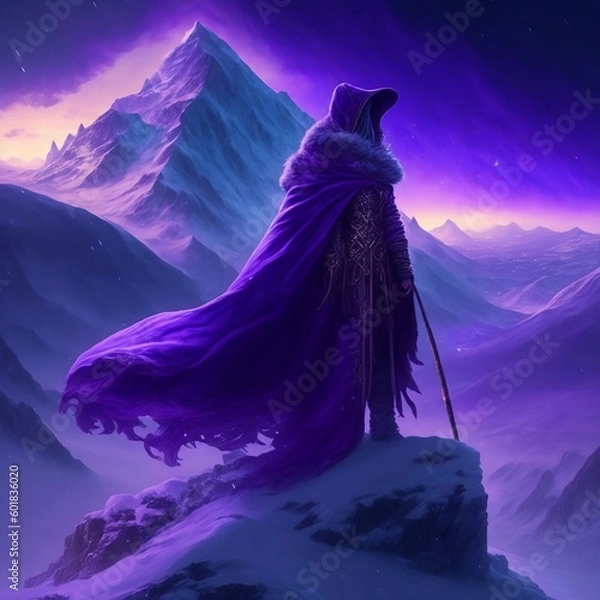 Fototapeta A mysterious figure in a flowing purple cloak, standing atop a snow-capped mountain peak