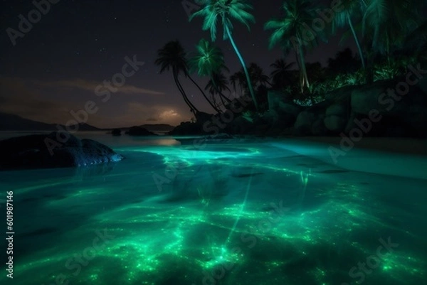 Obraz luminous sky beach palm ocean blue night vacation tree paradise tropical. Generative AI.