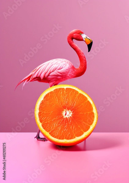 Fototapeta Tropical summer tasty concept of fresh exotic fruit, orange and grapefruit cut in half and the flamingo animal on pastel pink background. Illustration, Generative AI.